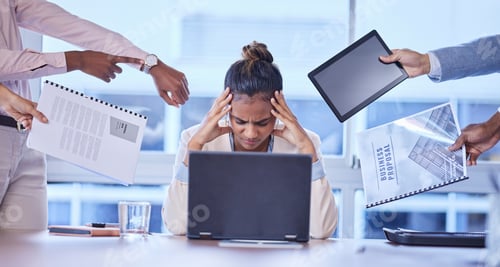 Preview: Stress, headache and business woman with hands of group for multitasking, workload or chaos in offi
