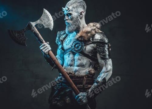 Preview: Mythical god with white skin and axe in dark background
