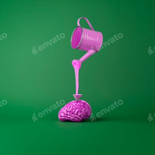 Preview: Pink watering can watering the human brain with sweet syrup. Creative concept of mental health.