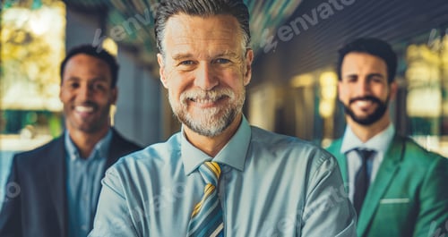 Preview: Group of three modern business men of different age and ethnicity smiling looking at camera