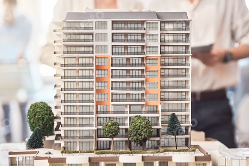 Preview: Closeup of a modern building model structure for an architect project. Trendy luxury apartments wit