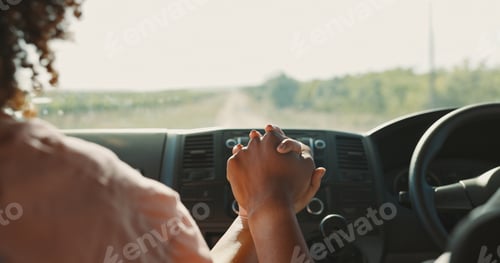 Preview: Car, holding hands and travel with couple, vacation and road trip with getaway, adventure and honey