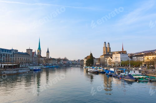 Preview: Limmat river, Fraumunster church, Grossmunster church Zurich, Switzerland