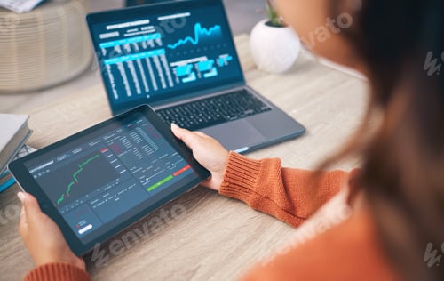 Preview: Hands of woman with laptop, tablet and data analytics for research in business management in stock