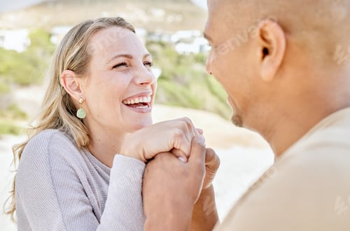 Preview: Beach, holding hands and man propose to woman on holiday by sea, happy and smiling together. Affect
