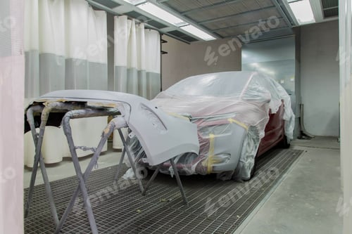 Preview: Closeup shot of a red car in the repair service