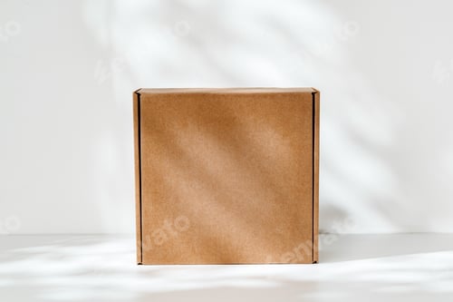 Preview: Simple brown cardboard box positioned on a white surface with soft angled shadows in natural light