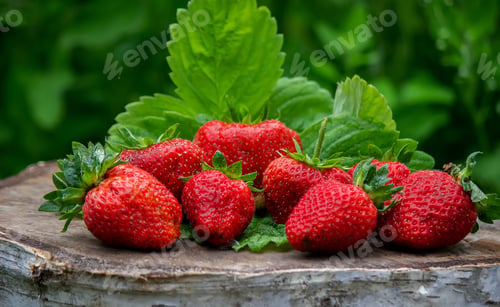 Preview: strawberries on a tree stump and in a bowl are environmentally friendly.