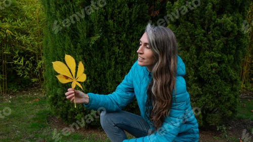 Preview: Woman admiring vibrant yellow autumn leaf in park