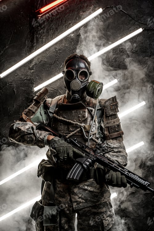 Preview: Apocalyptic army soldier with gas mask holding rifle