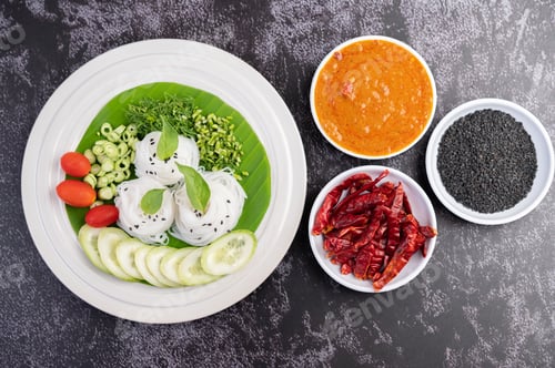 Preview: ืRice noodles in a banana leaf with beautifully laid vegetables and side dishes. Thai food.