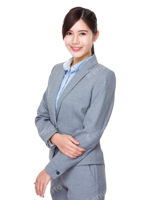 Professional Woman in Gray Suit on White Background