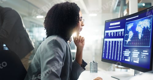 Preview: Teamwork, statistics and business woman on computer in office for stock trading, research and finan