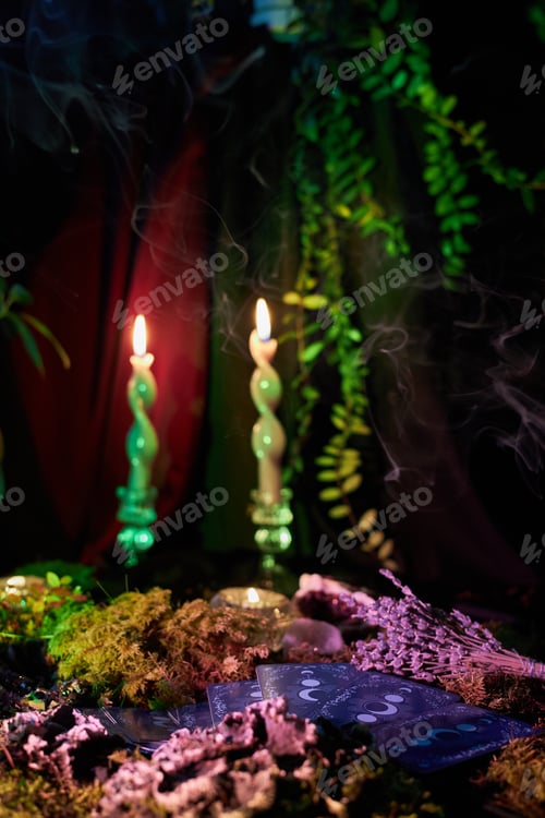 Preview: tarot card reading setup features three glowing candles illuminating