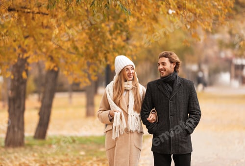 Preview: Young romantic couple in park on autumn day