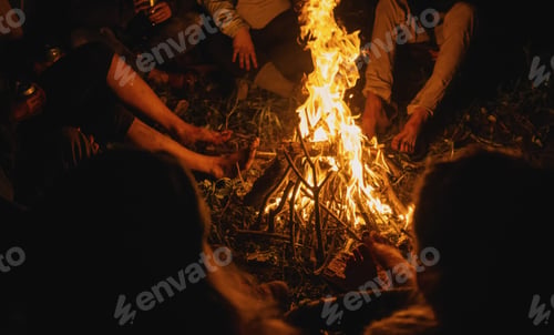 Preview: Selective closeup shot of people warming up while sitting around a lighted bonfire