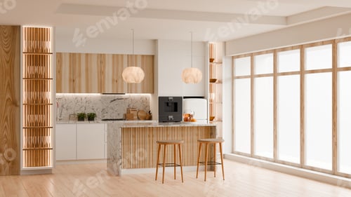 Vista previa: Luxury modern kitchen interior with wooden cabinets, marble island and bar stools