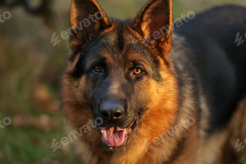 Preview: Close up portrait of happy friendly adult black and tan German Shepherd dog with open mouth