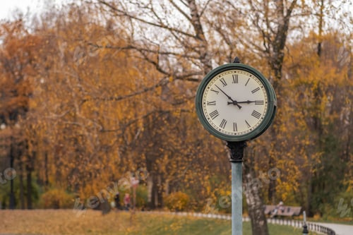 Preview: Classic clock in a park surrounded by autumn foliage during the golden hour of early evening