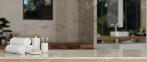 Preview: Beautiful marble tabletop with copy space and bath accessories over blurred beautiful bathroom