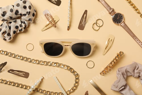 Preview: Beige sunglasses with feminine decorations around, on a beige background