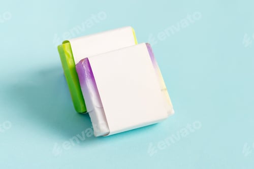 Preview: Two handmade soap wrap box mock-up package with colorful bar soap isolated on blue background