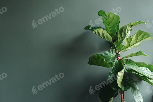 Preview: fiddle leaf fig tree before gray wall with copy space