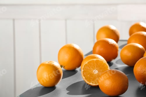 Preview: Fresh juicy oranges on table, space for text. Healthy fruits