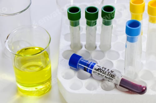 Preview: Closeup of an HIV POSITIVE test tube with beakers on the table in a laboratory