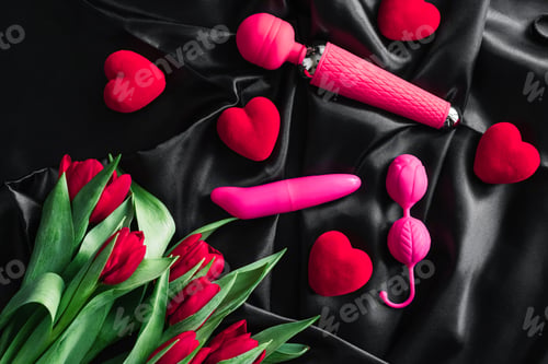 Preview: Various sex toys set on a black background. Advertising a sex shop. Spring. Tulips