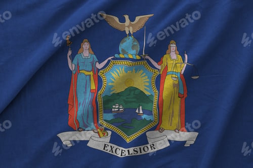 Preview: New York US state flag depicted on folded wavy fabric of old cloth