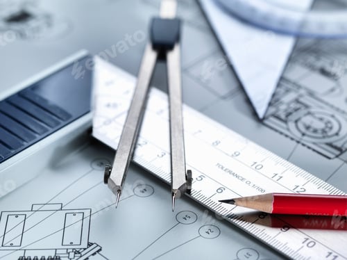 Preview: Drawing equipment sitting on engineering drawing
