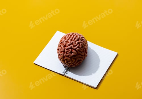 Preview: Notebook and brain on yellow background