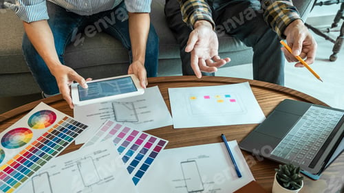 Preview: Team of Graphic Designer drawing website ux app for phone application and development template