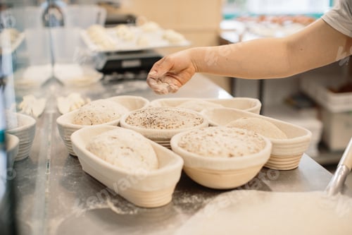Preview: Baker woman sprinkles flour on the shaped loaves, rustic style, bread before baking.