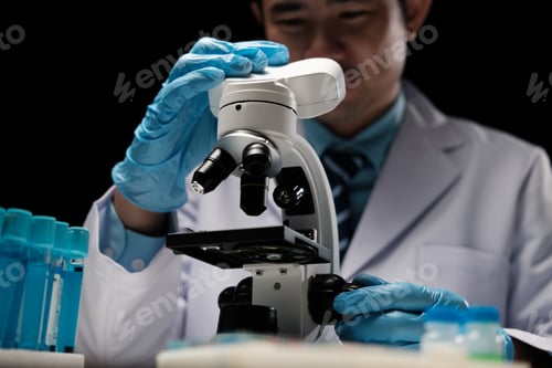 Preview: male medical scientist examining specimen using microscope in modern laboratory.