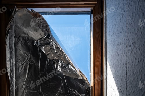Preview: Window covered with foil to prevent sunlight from entering house during heat