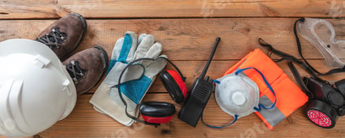 Preview: Work health and safety flat lay. Labor personal protective gear for industry and construction site.