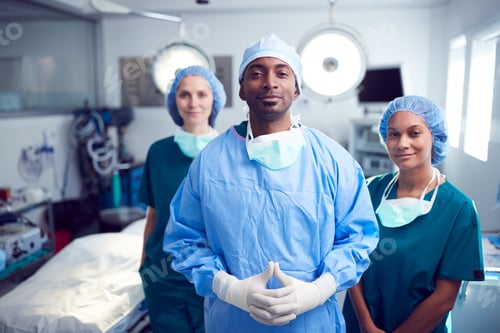 Preview: Portrait Of Multi-Cultural Surgical Team Standing In Hospital Operating Theater