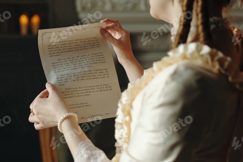 Preview: Caucasian Young Adult Woman Reading Letter in Baroque Renaissance Interior