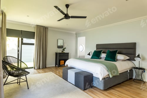 Preview: Chairs and bed with furniture in bedroom at home