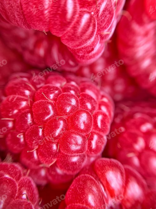 Preview: Natural textured background of red fresh raspberries. Macro photography of healthy eating