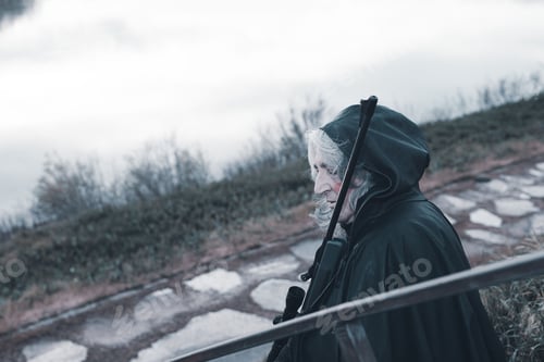 Preview: armed dark fat soldier marching on guard outdoors war evil dark ages concept