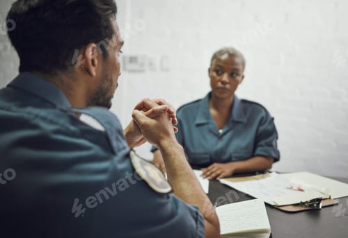 Preview: People, police and team in meeting for crime report, documents or case discussion at the precinct.