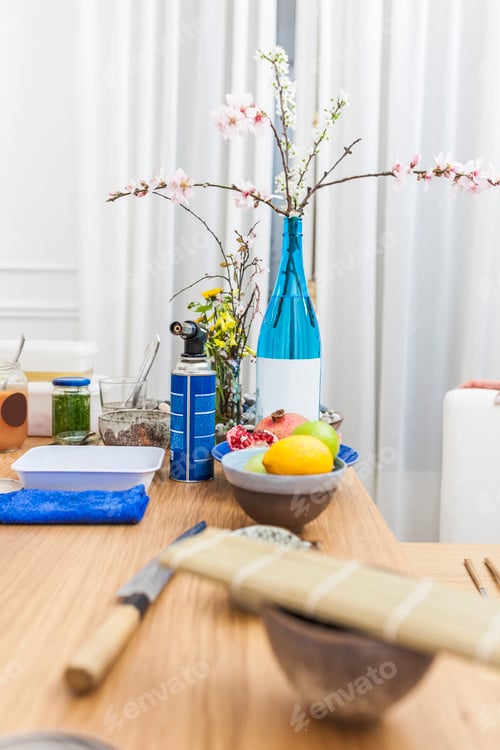 Preview: Cooking ingredients and cookware over the kitchen island