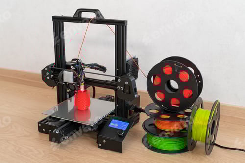 Preview: Modern 3D printer and multi-colored filament spools