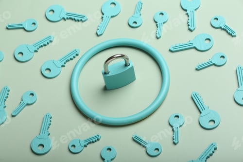 Preview: check-lock and different keys on a coloured background, the concept of protection