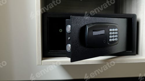 Preview: Metal safe box in the closet. Small narrow safe for keeping money or valuables in the hotel.