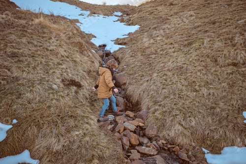 Preview: Unrecognizable boy stepping over creek on field with snow