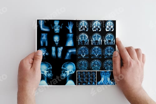 Preview: Hands hold MRI scan of head, neck and brain of patient, holding in hands.